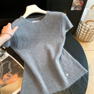 Women's Soft Fuzzy Knit Short Sleeve Top with Round Neck and Waist