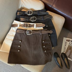 2026 Autumn Winter Retro Utility High Waist A-Line Mini Skirt with Belt for Women