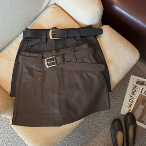 Minimalist Spliced PU Leather High Waist A-Line Mini Skirt with Belt