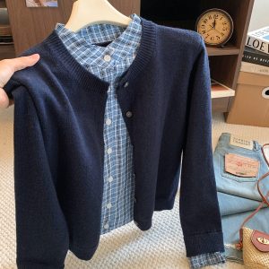 Women's Color Block Plaid Shirt Collar Fake Two Piece Knit Top Fall Loose Casual Long Sleeve Sweater