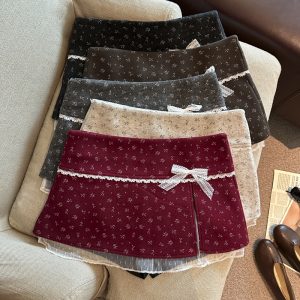 2026 Autumn Floral Mini Skirt with Bow Tie Lace Trim A-Line Sweet Style