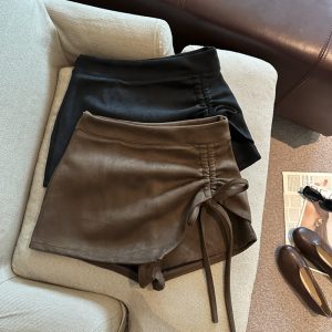 2026 Autumn Winter Pleated Drawstring Suede High Waist Asymmetric A-Line Skirt Pants