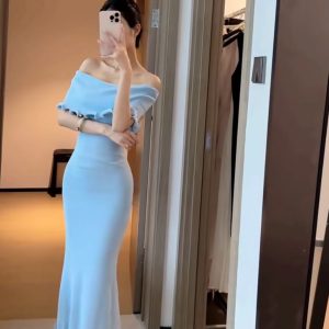 Blue Off-Shoulder Knitted Bodycon Dress for Women 2026 Summer