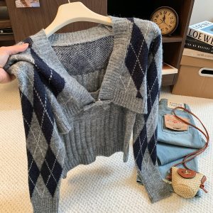 Color Block Diamond Knit Wool Coat Short Cardigan Slim Two Piece Women Soft Cami Autumn Set