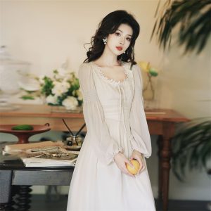 French Style Square Neck Chiffon Long Sleeve A-Line Maxi Dress