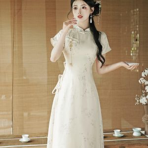 Ink Wash Bamboo New Chinese Style A-Line Cheongsam Dress with Pankou