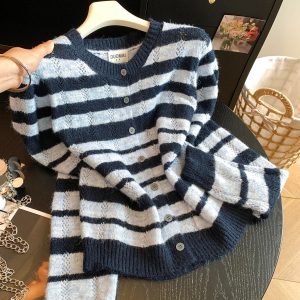 Korean Loose Lazy Striped Knit Cardigan Women's Design Niche Sweater Coat Trendy