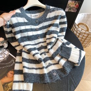 Striped Knit Cardigan Women Loose Lazy Style Korean Design Sweater Coat