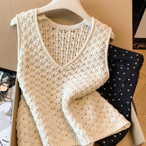 Korean Style Openwork V-Neck Knit Vest Women's Retro Casual Sleeveless Sweater
