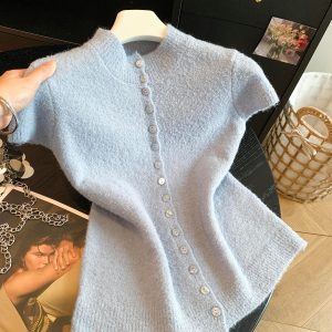Korean Style Round Neck Short Sleeve Knit Cardigan Women Fall Loose Slimming Pullover - Style 2cf215