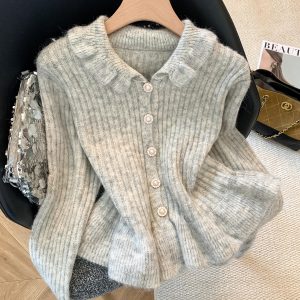 Korean Style Ruffle Neck Long Sleeve Knit Cardigan Women Fall Slimming Top