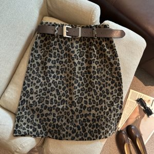 Leopard Print Thin Tweed Mini Skirt with Back Slit High Waist A-Line Midi Skirt for Women 2026 Autumn with Belt