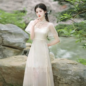 New Chinese Style A-Line Cheongsam Dress Set for Young Women
