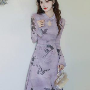New Chinese Style A-Line Long Sleeve Butterfly Print Dress with Bow