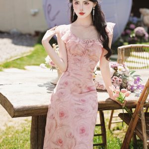 Real Shot Lychee Rose Bias Cut Printed Cami Fairy Long Dress