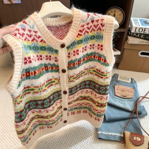 Retro Crewneck Striped Sweater Vest for Women 2026 Autumn Lazy Style Short Sleeveless Knit Top