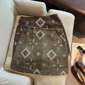 Retro Embroidered Geometric Suede Bodycon Mini Skirt for Women 2026 Fall High Waist Slimming Short Skirt