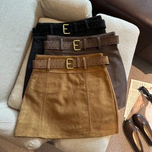 Retro Faux Suede A-Line Mini Skirt for Women with Belt 2026 Autumn Winter