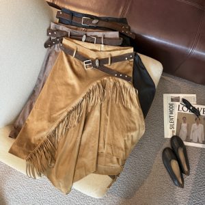 Western Fringe Midi Skirt for Women 2026 Autumn A-Line Suede-Look with Belt