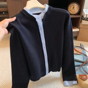 Women's Faux Two-Piece Shirt Panel Knit Sweater Fall 2026