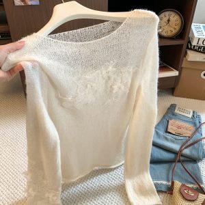 Women's Floral Embroidered Knit Sweater 2026 Fall Lightweight Long Sleeve Loose Pullover Top