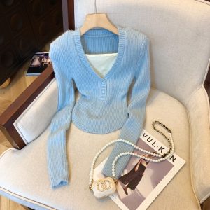 Women's Korean Style Faux Two-Piece V-Neck Knit Top - Blue