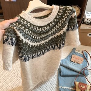 Women's Retro Fair Isle Jacquard Crew Neck Short Sleeve Knit Sweater 2026 Early Autumn Loose Casual Pullover - Style ba565e