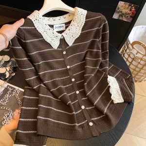 Women's Striped Knit Cardigan with Collar Loose Fit Fall Korean Style