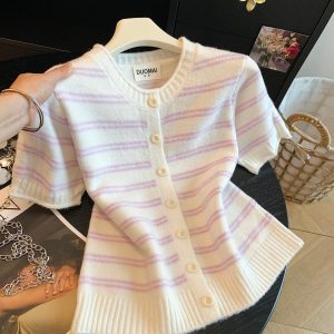 Women's Striped Knit Short Sleeve Cardigan Light Purple Grey Fall Loose Cropped Crew Neck Button Slimming Top