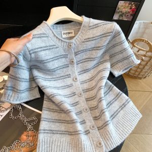 Gentle Style Cream White Light Purple Striped Knit Short Sleeve Cardigan Fall Loose Short Round Neck Button Slimming Top